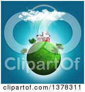 Poster, Art Print Of 3d House On A Grassy Green Planet Under A Rainbow And Showers
