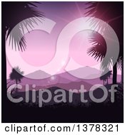 Poster, Art Print Of Silhouetted Tropical Mountainous Landscape Framed With Palm Trees And A Purple Sunset