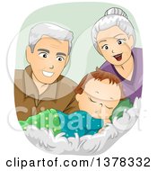 Poster, Art Print Of Happy White Senior Grandparents Looking At A Sleeping Baby Boy
