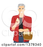 Poster, Art Print Of Happy White Male Senior Citizen Collecting Eggs On His Farm