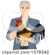 Handsome White Senior Man Holding A Rooster