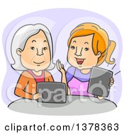 Poster, Art Print Of Cartoon Red Haired White Woman Teaching Her Granny How To Use A Tablet Computer