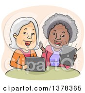 Poster, Art Print Of Happy White And Black Senior Women Laughing And Video Streaming On Their Laptop And Tablet Computers