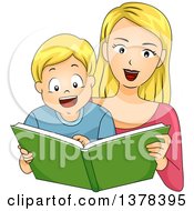 Clipart Of A Blond White Mother Reading A Story Book To Her Son Royalty Free Vector Illustration