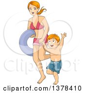Clipart Of A Red Haired White Mother Carrying An Inner Tube And Walking On The Beach With Her Son Royalty Free Vector Illustration by BNP Design Studio