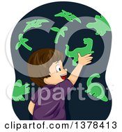 Poster, Art Print Of Happy Brunette White Boy Playing With Glow In The Dark Dinosaur Stickers