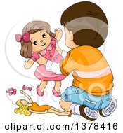 Poster, Art Print Of Brunette White Boy Playing With Toy Dolls