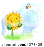 Happy Sunflower Watching A Bee Flyin In The Shape Of A Heart