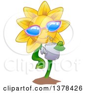 Happy Sunflower Wearing Shades And Drinking From A Watering Can