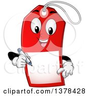 Clipart Of A Red Sale Tag Mascot Holding A Pen Royalty Free Vector Illustration