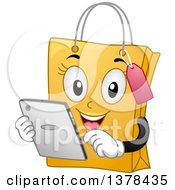 Clipart Of A Pink Female Shopping Bag Mascot Using A Tablet Computer Royalty Free Vector Illustration