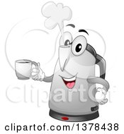 Clipart Of A Happy Electric Kettle Character Holding A Coffee Mug Royalty Free Vector Illustration