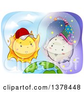 Clipart Of A Happy Sun Wearing A Baseball Cap And Talking To The Moon Over Earth Royalty Free Vector Illustration
