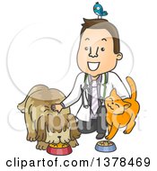 Cartoon Happy White Male Veterinarian With A Bird Cat And Dog