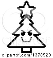 Clipart Of A Black And White Grinning Evil Christmas Tree Character In 8 Bit Style Royalty Free Vector Illustration