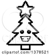 Clipart Of A Black And White Happy Christmas Tree Character In 8 Bit Style Royalty Free Vector Illustration