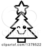 Clipart Of A Black And White Winking Christmas Tree Character In 8 Bit Style Royalty Free Vector Illustration