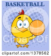 Clipart Of A Yellow Chick Holding A Basketball Under Text On Purple Royalty Free Vector Illustration by Hit Toon