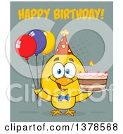 Poster, Art Print Of Yellow Birthday Chick With A Cake And Party Balloons With Text