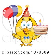Poster, Art Print Of Yellow Birthday Chick With A Cake And Party Balloons