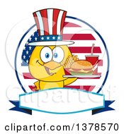 Poster, Art Print Of Yellow Chick Holding A Tray Of Fast Food And Wearing An American Top Hat Over A Flag Label