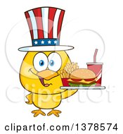 Poster, Art Print Of Yellow Chick Holding A Tray Of Fast Food And Wearing An American Top Hat