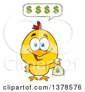 Clipart Of A Yellow Rich Chick Talking And Holding A Money Bag Royalty Free Vector Illustration