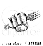 Black And White Retro Woodcut Fisted Hand Holding A Fork