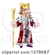 Clipart Of A Happy Brunette White King Giving A Thumb Up And Holding A Gold Staff Royalty Free Vector Illustration