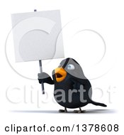 Clipart Of A 3d Black Bird Holding A Blank Sign On A White Background Royalty Free Illustration