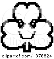 Clipart Of A Black And White Grinning Evil Clover Shamrock Character In 8 Bit Style Royalty Free Vector Illustration