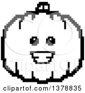 Clipart Of A Black And White Happy Pumpkin Character In 8 Bit Style Royalty Free Vector Illustration