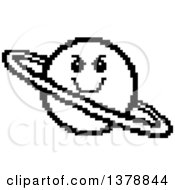 Clipart Of A Black And White Grinning Evil Planet Character In 8 Bit Style Royalty Free Vector Illustration