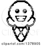 Clipart Of A Black And White Happy Waffle Ice Cream Cone Character In 8 Bit Style Royalty Free Vector Illustration