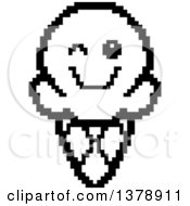 Clipart Of A Black And White Winking Waffle Ice Cream Cone Character In 8 Bit Style Royalty Free Vector Illustration