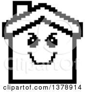 Clipart Of A Black And White Grinning Evil House Character In 8 Bit Style Royalty Free Vector Illustration
