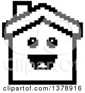 Clipart Of A Black And White Happy House Character In 8 Bit Style Royalty Free Vector Illustration
