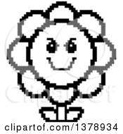 Clipart Of A Black And White Grinning Evil Daisy Flower Character In 8 Bit Style Royalty Free Vector Illustration