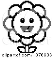 Poster, Art Print Of Black And White Happy Daisy Flower Character In 8 Bit Style