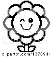 Clipart Of A Black And White Winking Daisy Flower Character In 8 Bit Style Royalty Free Vector Illustration