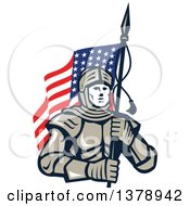 Knight In Metal Armour Carrying An American Flag