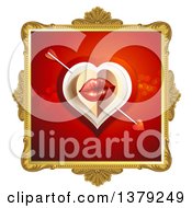Poster, Art Print Of Gold Ornate Frame With Lips Cupids Arrow And A Heart On Red