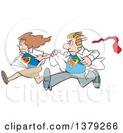 Poster, Art Print Of White Super Hero Couple Running To The Rescue And Changing From Typical Outfits To Their Suits