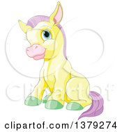 Cute Sitting Yellow Pony Horse With Purple Hair And Green Hooves