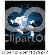 Poster, Art Print Of Late White Rabbit Of Wonderland Running Over A Clock And Checkers