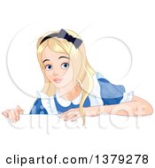 Clipart Of Alice In Wonderland Over A Sign Royalty Free Vector Illustration