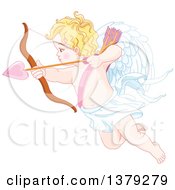Blond Caucasian Baby Cupid Aiming A Valentine Love Heart Arrow