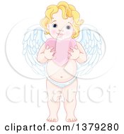 Poster, Art Print Of Blond Caucasian Baby Cupid Holding A Pink Valentine Love Heart