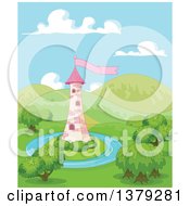 Clipart Of A Pink Tower On An Island Surrounded By Hills Royalty Free Vector Illustration