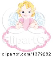 Poster, Art Print Of Blond Caucasian Baby Cupid Holding A Pink Valentine Love Heart Over A Frame